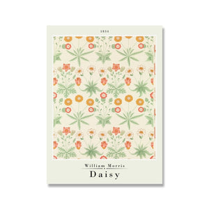 Cream background with a design of small white daisies, golden orange flowers, coral pink flowers, and various green leaves.