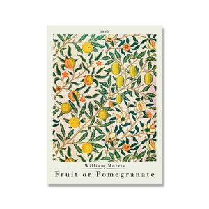Mottled cream and pink background with brown branches running diagonally across the page. Each branch has a variety of green leaves and bright yellow lemons, orange peaches, and white pomegranates.